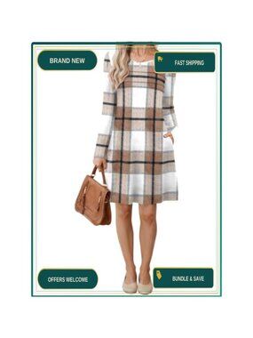 Womens Long Sleeve Tunic Sweater Dress Knee Length Pleated Front Pockets